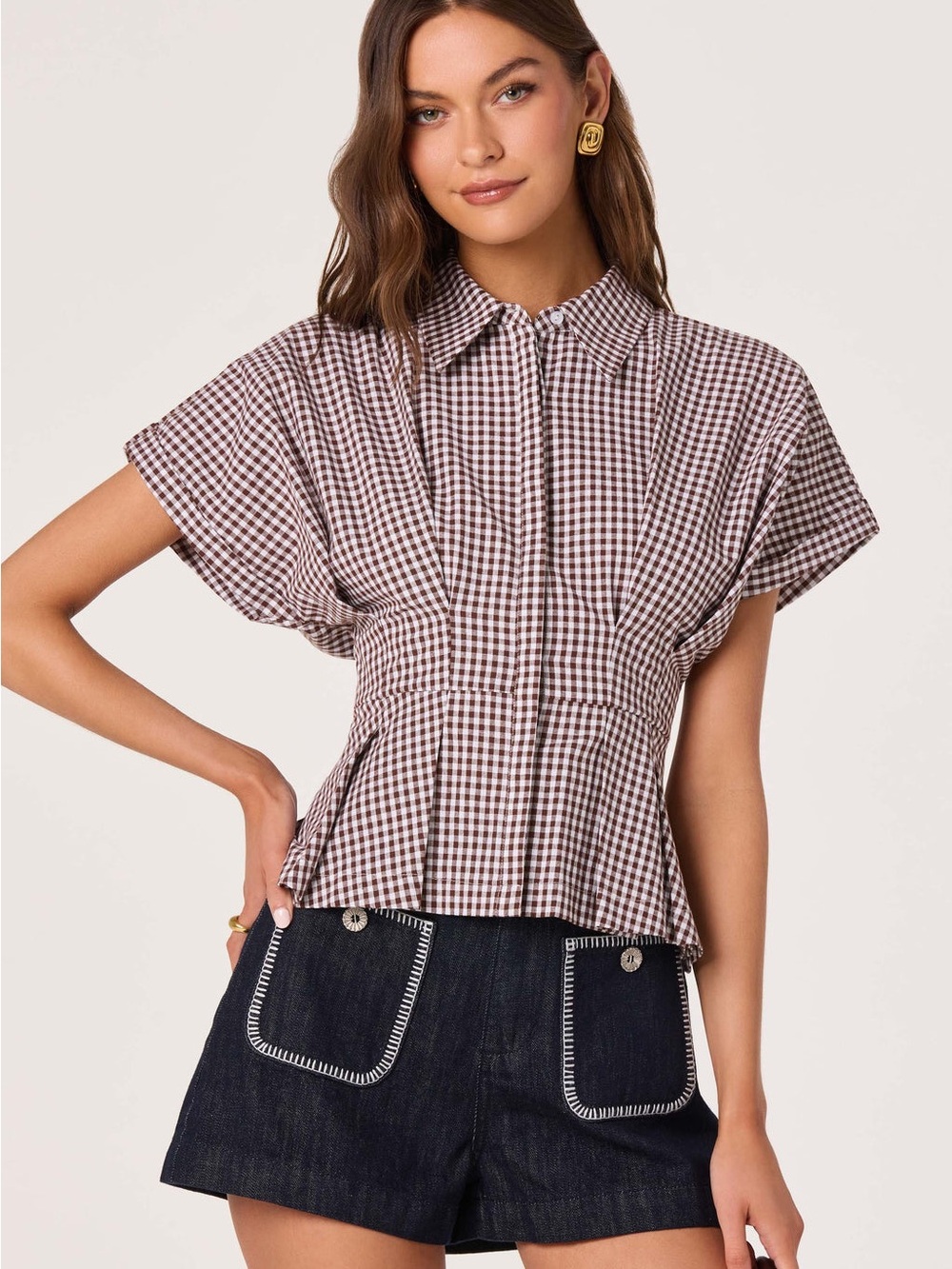 ASTR Beck Pleated Button-Front Top - Brown Gingham - S